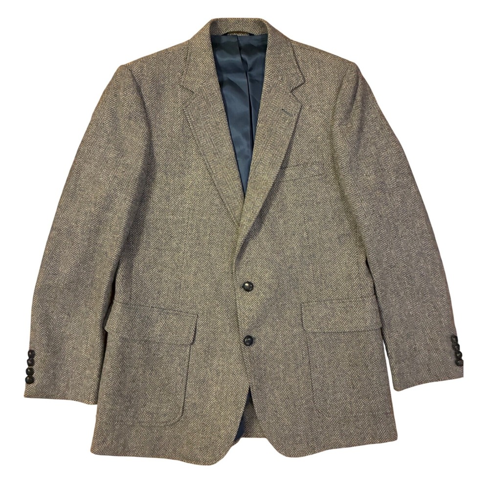 Vintage Haggar Imperial Grey Herringbone 100% Wool Blazer Sport Coat 42L Y2K